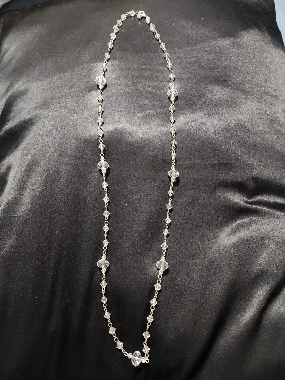 Vintage Clear Faceted Crystal Bead Wire-Wrapped Station Necklace, Silver Tone 30